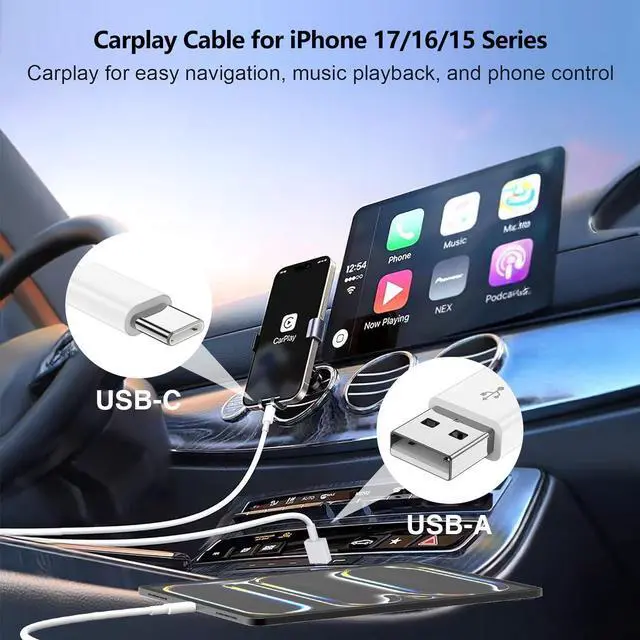 Alt view image 3 of 7 - 48W USB C Car Charger for iPhone 17 16 15 Pro Max 48W Dual Port USB-C & USB-A Car Fast Charging Adapter 2X3FT C to C Cable & A to C Carplay Cable for iPhone 17 16 15 Series/iPhone Air iPad