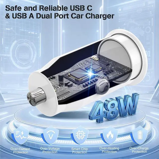 Alt view image 5 of 7 - 48W USB C Car Charger for iPhone 17 16 15 Pro Max 48W Dual Port USB-C & USB-A Car Fast Charging Adapter 2X3FT C to C Cable & A to C Carplay Cable for iPhone 17 16 15 Series/iPhone Air iPad