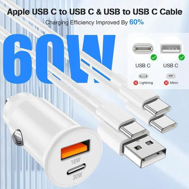 Alt view image 6 of 7 - 48W USB C Car Charger for iPhone 17 16 15 Pro Max 48W Dual Port USB-C & USB-A Car Fast Charging Adapter 2X3FT C to C Cable & A to C Carplay Cable for iPhone 17 16 15 Series/iPhone Air iPad