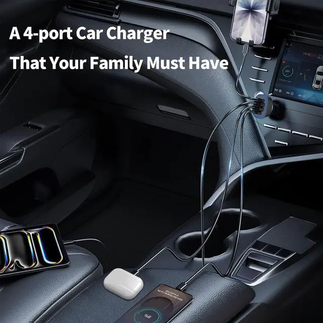 Alt view image 2 of 7 - 90W 4 in 1 USB C Super Fast Car Charger for iPhone 17 Pro Max/Air/16/15/iPad S26 Pixel Android Phone Dual 45W Type C & QC3.0 12V Multi Port Cigarette Lighter Adapter + 2 USBC Cord 3.3ft