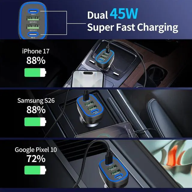 Alt view image 3 of 7 - 90W 4 in 1 USB C Super Fast Car Charger for iPhone 17 Pro Max/Air/16/15/iPad S26 Pixel Android Phone Dual 45W Type C & QC3.0 12V Multi Port Cigarette Lighter Adapter + 2 USBC Cord 3.3ft