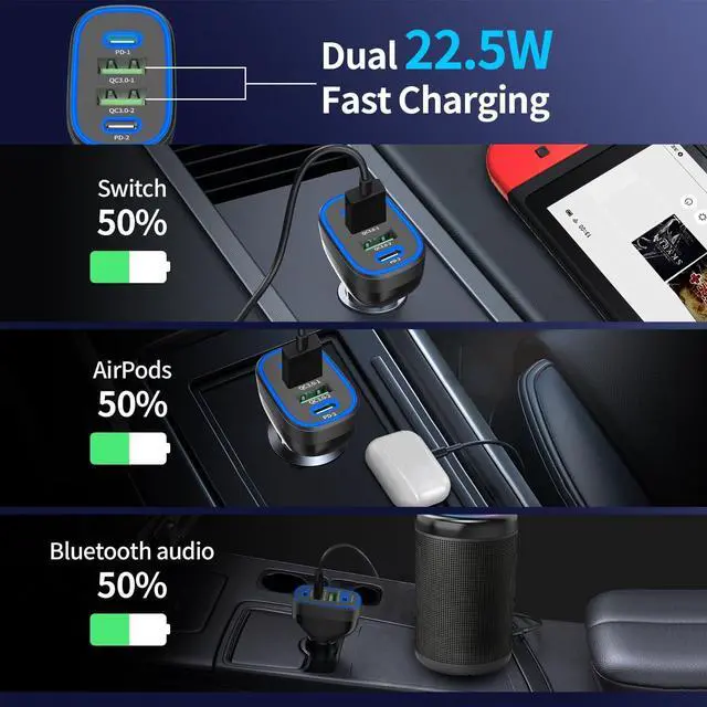 Alt view image 4 of 7 - 90W 4 in 1 USB C Super Fast Car Charger for iPhone 17 Pro Max/Air/16/15/iPad S26 Pixel Android Phone Dual 45W Type C & QC3.0 12V Multi Port Cigarette Lighter Adapter + 2 USBC Cord 3.3ft