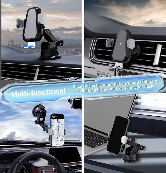 Alt view image 4 of 7 - Wireless Car Charger Phone Mount 15W Fast Charging Car Phone Holder 50lb Suction Cup 3-in-1 Cell Phone Holder for Dash 360° Auto Clamp Compatible iPhone 17/16/15/14/13/12 S23/S22/S21/S20/S10+