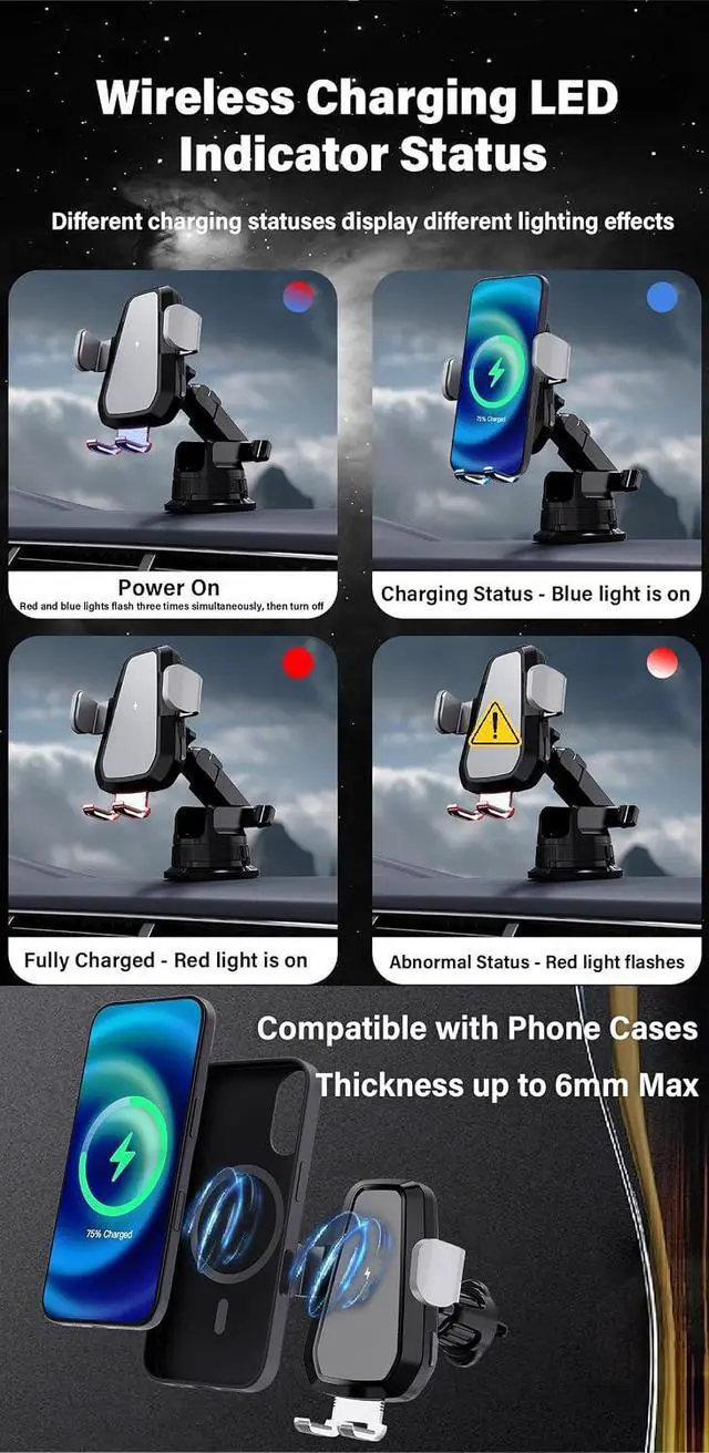 Alt view image 5 of 7 - Wireless Car Charger Phone Mount 15W Fast Charging Car Phone Holder 50lb Suction Cup 3-in-1 Cell Phone Holder for Dash 360° Auto Clamp Compatible iPhone 17/16/15/14/13/12 S23/S22/S21/S20/S10+