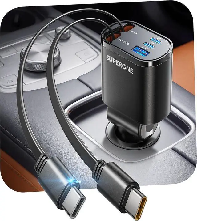 Main image of 90W Retractable Car Charger with Dual Type C Cables Car Adapter USB C Fast Charger 5-in-1 Multi Port Fast Charging Compatible with iPhone 17 16 15 14 13 12 Galaxy Pixel iPad - Black