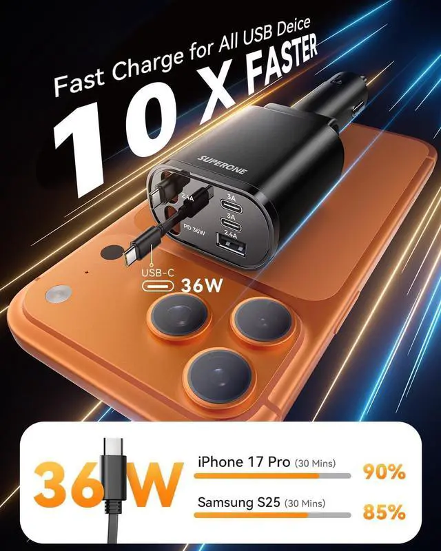 Alt view image 3 of 7 - 90W Retractable Car Charger with Dual Type C Cables Car Adapter USB C Fast Charger 5-in-1 Multi Port Fast Charging Compatible with iPhone 17 16 15 14 13 12 Galaxy Pixel iPad - Black