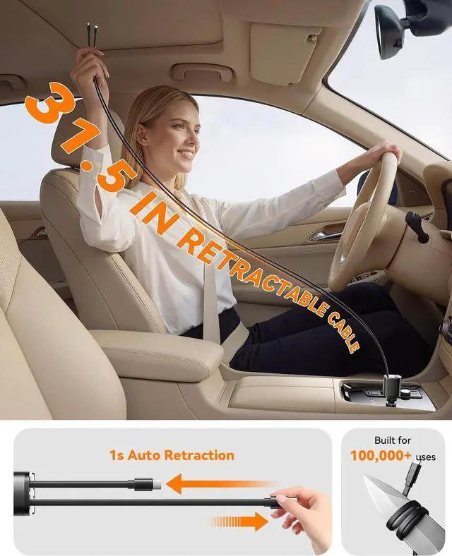 Alt view image 5 of 7 - 90W Retractable Car Charger with Dual Type C Cables Car Adapter USB C Fast Charger 5-in-1 Multi Port Fast Charging Compatible with iPhone 17 16 15 14 13 12 Galaxy Pixel iPad - Black
