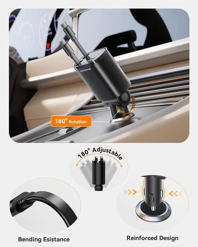 Alt view image 6 of 7 - 90W Retractable Car Charger with Dual Type C Cables Car Adapter USB C Fast Charger 5-in-1 Multi Port Fast Charging Compatible with iPhone 17 16 15 14 13 12 Galaxy Pixel iPad - Black