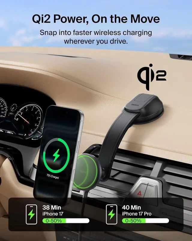 Alt view image 2 of 7 - Wireless Car Charger MagSafe Phone Holder & Car Dash Mount w/ 1M USB C Cable Qi2 MagSafe Compatible Fast Charging iPhone Charger for iPhone 17 Galaxy S26 Pixel 10 Road Travelers Black