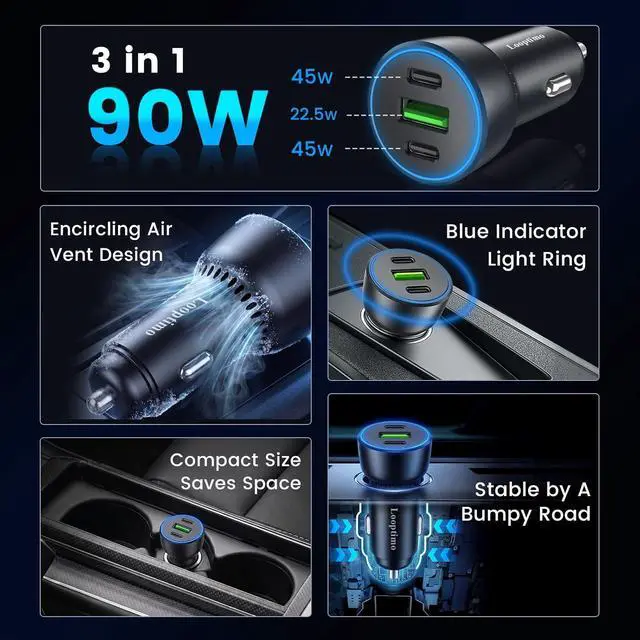 Alt view image 2 of 7 - 90W USB C Car Charger Adapter 2-Pack Multi Port Type C Fast Charging Cell Phone Auto Cigarette Lighter Adapter Dual 45W Car Accessories 12V Dual USBC Plug Output for iPhone 17 Pro Max 16 15 Android
