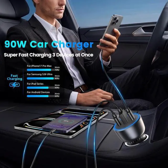 Alt view image 3 of 7 - 90W USB C Car Charger Adapter 2-Pack Multi Port Type C Fast Charging Cell Phone Auto Cigarette Lighter Adapter Dual 45W Car Accessories 12V Dual USBC Plug Output for iPhone 17 Pro Max 16 15 Android