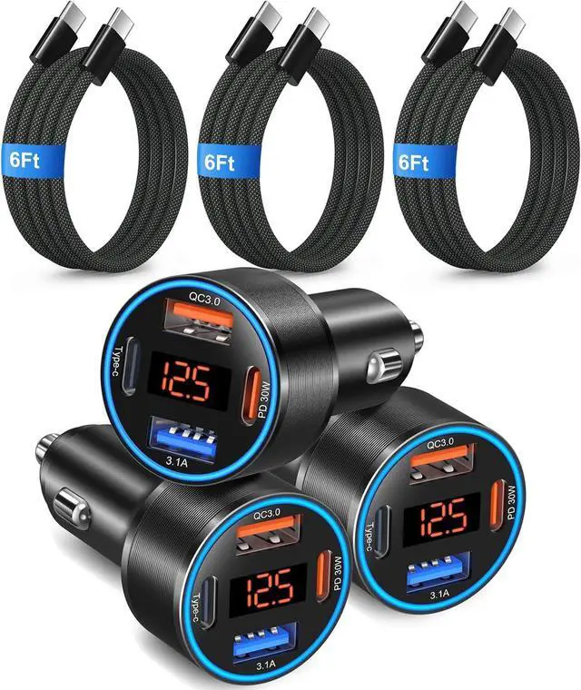 Main image of 65W 4-Port USB C Super Fast Type C Car Charger for Galaxy S25/S24/S23/S22 Ultra/iPhone 17/16/15 3 Pack QC&PD 3.0 Fast Charging Android Car Phone Charger Cigarette Lighter Adapter+6FT USB-C Cable