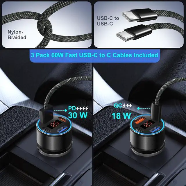 Alt view image 4 of 7 - 65W 4-Port USB C Super Fast Type C Car Charger for Galaxy S25/S24/S23/S22 Ultra/iPhone 17/16/15 3 Pack QC&PD 3.0 Fast Charging Android Car Phone Charger Cigarette Lighter Adapter+6FT USB-C Cable