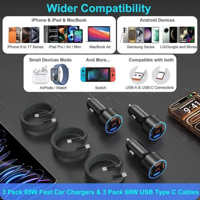 Alt view image 7 of 7 - 65W 4-Port USB C Super Fast Type C Car Charger for Galaxy S25/S24/S23/S22 Ultra/iPhone 17/16/15 3 Pack QC&PD 3.0 Fast Charging Android Car Phone Charger Cigarette Lighter Adapter+6FT USB-C Cable