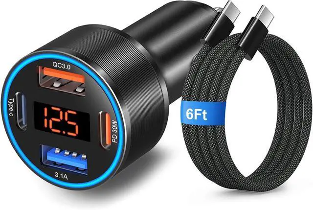 Main image of 65W 4-Port Super Fast Type C Car Charger USB C for S26/S25/S24/S23/S22 Ultra/A17/A16/Z Fold/Flip Android Car Phone Adapter 12v Cigarette Lighter Plug with Voltage Display+6FT USB C Cable