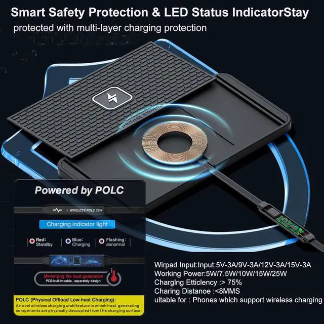 Alt view image 3 of 7 - 25W Wireless Charger Car Fast Wireless Charging Pad DIY Wireless Phone Charger Mat Compatible with iPhone 17/16(25W)/15/14/13/12(7.5W) (P21)