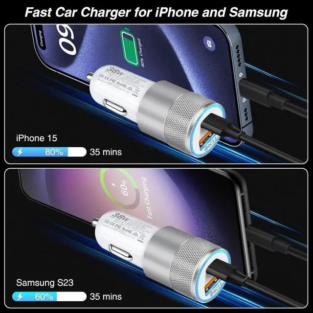 Alt view image 3 of 7 - Car Charger 2 Pack 38W Dual-Port USB-C & USB-A Cigarette Lighter Adapter USBC Car Charger Fast Charging for iPhone16e 16 15 14 13 S25 S24 S23 Pixel Cargador para Carro Phone Plug