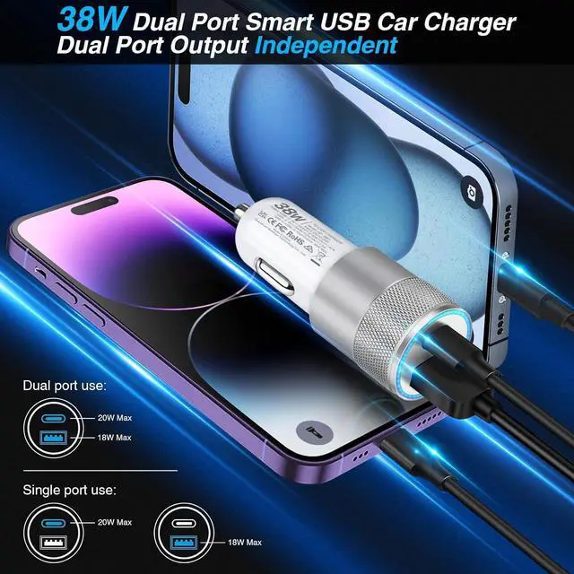 Alt view image 4 of 7 - Car Charger 2 Pack 38W Dual-Port USB-C & USB-A Cigarette Lighter Adapter USBC Car Charger Fast Charging for iPhone16e 16 15 14 13 S25 S24 S23 Pixel Cargador para Carro Phone Plug