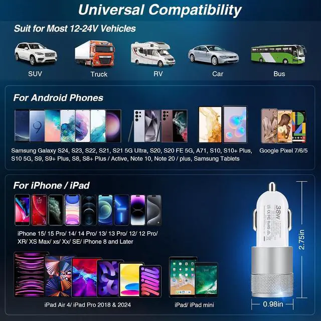 Alt view image 6 of 7 - Car Charger 2 Pack 38W Dual-Port USB-C & USB-A Cigarette Lighter Adapter USBC Car Charger Fast Charging for iPhone16e 16 15 14 13 S25 S24 S23 Pixel Cargador para Carro Phone Plug
