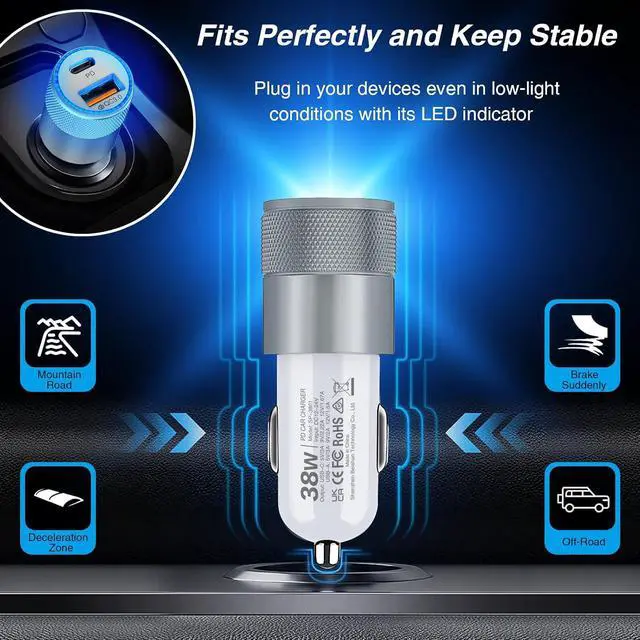 Alt view image 7 of 7 - Car Charger 2 Pack 38W Dual-Port USB-C & USB-A Cigarette Lighter Adapter USBC Car Charger Fast Charging for iPhone16e 16 15 14 13 S25 S24 S23 Pixel Cargador para Carro Phone Plug