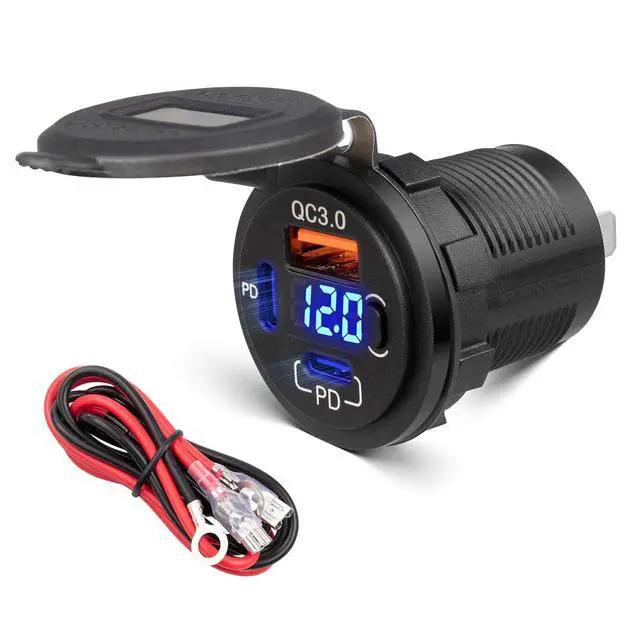 Main image of 78W Dual PD USB-C QC3.0 Fast Charging 3 Port Car Charger Socket 12V/24V with Voltmeter and Battery Protection Switch USB Outlet Cigarette Lighter for Marine Boat RV Truck Golf Cart Motorcycle