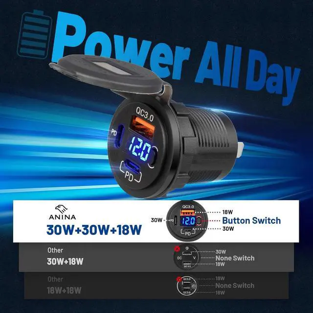 Alt view image 2 of 7 - 78W Dual PD USB-C QC3.0 Fast Charging 3 Port Car Charger Socket 12V/24V with Voltmeter and Battery Protection Switch USB Outlet Cigarette Lighter for Marine Boat RV Truck Golf Cart Motorcycle