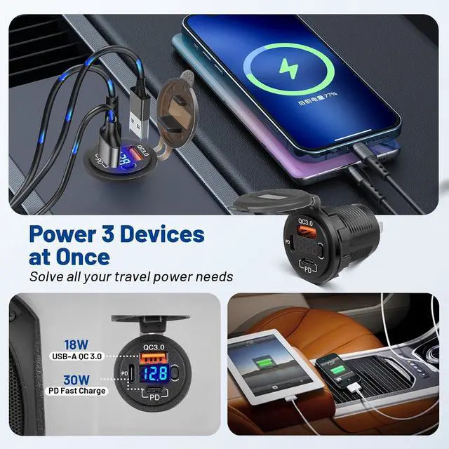 Alt view image 3 of 7 - 78W Dual PD USB-C QC3.0 Fast Charging 3 Port Car Charger Socket 12V/24V with Voltmeter and Battery Protection Switch USB Outlet Cigarette Lighter for Marine Boat RV Truck Golf Cart Motorcycle