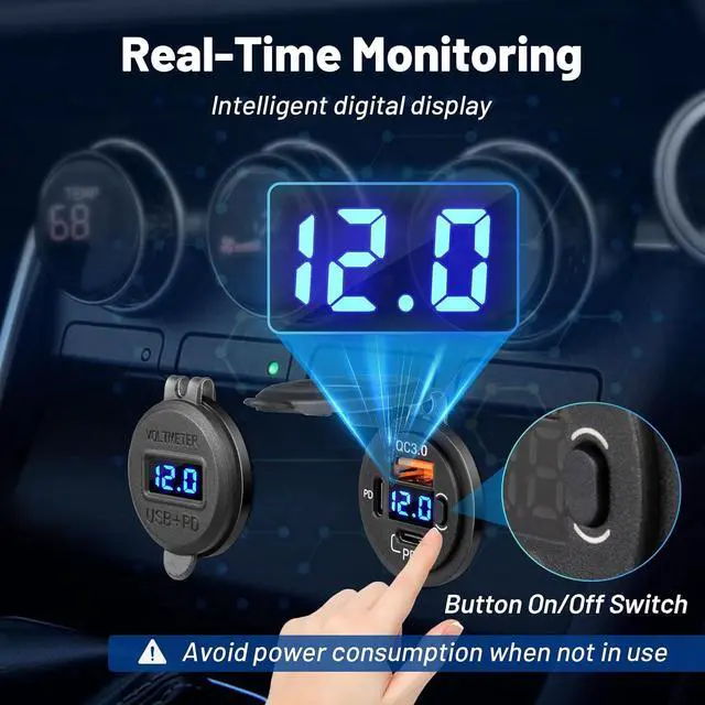 Alt view image 5 of 7 - 78W Dual PD USB-C QC3.0 Fast Charging 3 Port Car Charger Socket 12V/24V with Voltmeter and Battery Protection Switch USB Outlet Cigarette Lighter for Marine Boat RV Truck Golf Cart Motorcycle