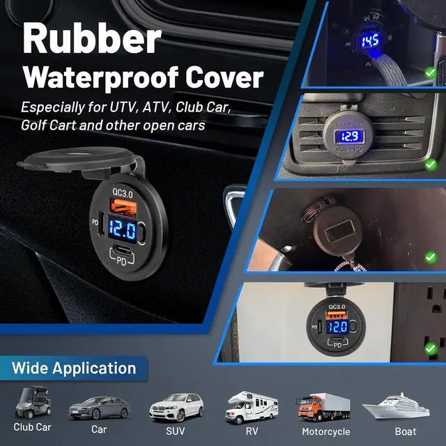 Alt view image 7 of 7 - 78W Dual PD USB-C QC3.0 Fast Charging 3 Port Car Charger Socket 12V/24V with Voltmeter and Battery Protection Switch USB Outlet Cigarette Lighter for Marine Boat RV Truck Golf Cart Motorcycle