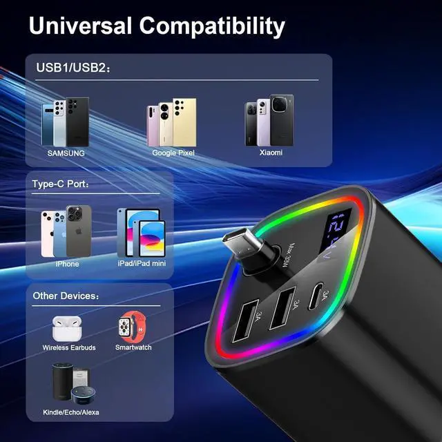 Alt view image 4 of 7 - Car Charger USB C 4in1 Car Phone Charger with USBC Retractable Cable for iPhone Android Fast Charge 78W Cigarette Lighter Adapter with Voltage Display 12V/24V Car Accessories Gift (Black)