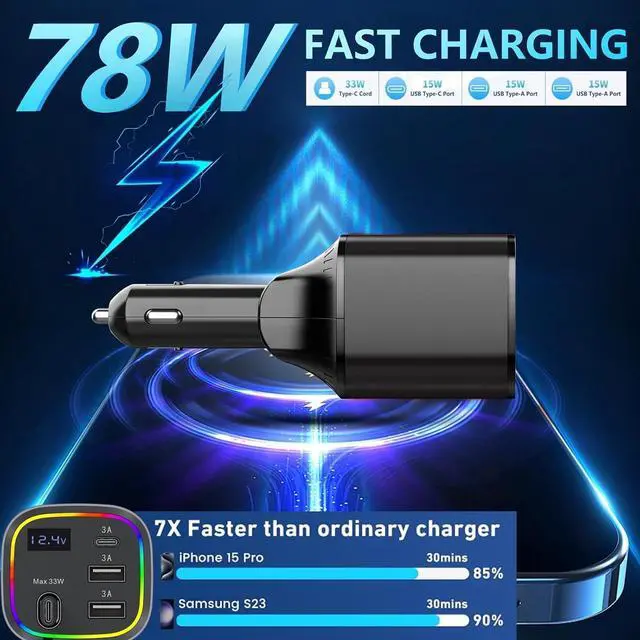 Alt view image 2 of 7 - Car Charger USB C 4in1 Car Phone Charger with USBC Retractable Cable for iPhone Android Fast Charge 78W Cigarette Lighter Adapter with Voltage Display 12V/24V Car Accessories Gift (Black)