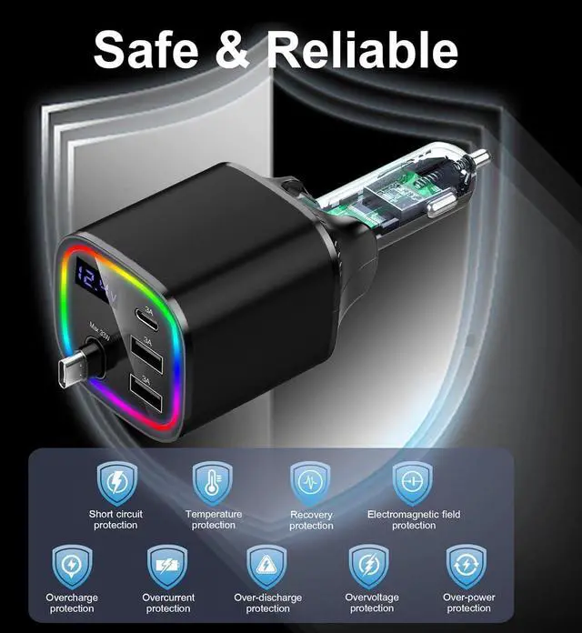 Alt view image 3 of 7 - Car Charger USB C 4in1 Car Phone Charger with USBC Retractable Cable for iPhone Android Fast Charge 78W Cigarette Lighter Adapter with Voltage Display 12V/24V Car Accessories Gift (Black)