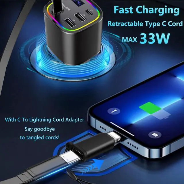 Alt view image 5 of 7 - Car Charger USB C 4in1 Car Phone Charger with USBC Retractable Cable for iPhone Android Fast Charge 78W Cigarette Lighter Adapter with Voltage Display 12V/24V Car Accessories Gift (Black)