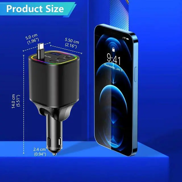Alt view image 6 of 7 - Car Charger USB C 4in1 Car Phone Charger with USBC Retractable Cable for iPhone Android Fast Charge 78W Cigarette Lighter Adapter with Voltage Display 12V/24V Car Accessories Gift (Black)