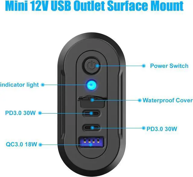 Alt view image 3 of 7 - 12V USB Outlet RV 3 Ports Dual PD 30W and Quick Charge QC3.0 Car Socket Charger with Blue Indicator Light and Switch Car USB Panel Wall Surface Mount Charging Accessories for Marine Bus Boat ATV