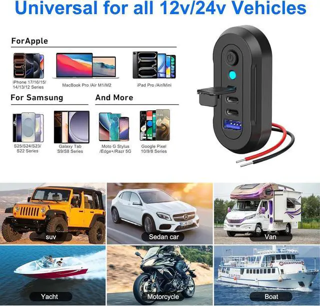 Alt view image 4 of 7 - 12V USB Outlet RV 3 Ports Dual PD 30W and Quick Charge QC3.0 Car Socket Charger with Blue Indicator Light and Switch Car USB Panel Wall Surface Mount Charging Accessories for Marine Bus Boat ATV