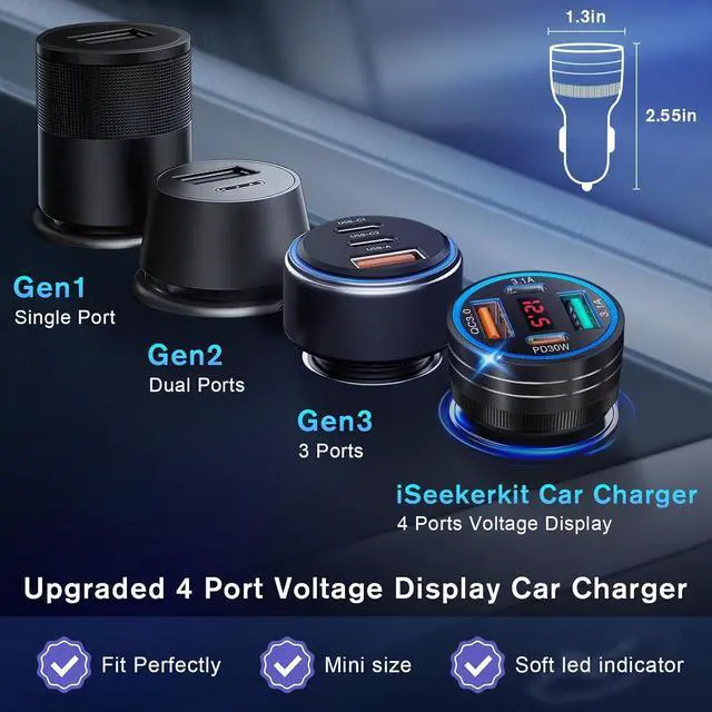Alt view image 5 of 7 - 3Pack USB C Car Charger 65W 4-Port Cigarette Lighter USB Charger with Voltage Display 12-24V Dual USB-C+USB-A Car Charger USB C Fast Charge Phone Accessories for iPhone 17 16 15 Pro Max Plus S25 S24