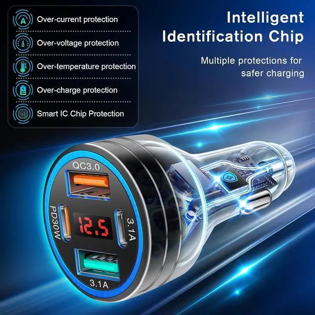 Alt view image 6 of 7 - 3Pack USB C Car Charger 65W 4-Port Cigarette Lighter USB Charger with Voltage Display 12-24V Dual USB-C+USB-A Car Charger USB C Fast Charge Phone Accessories for iPhone 17 16 15 Pro Max Plus S25 S24