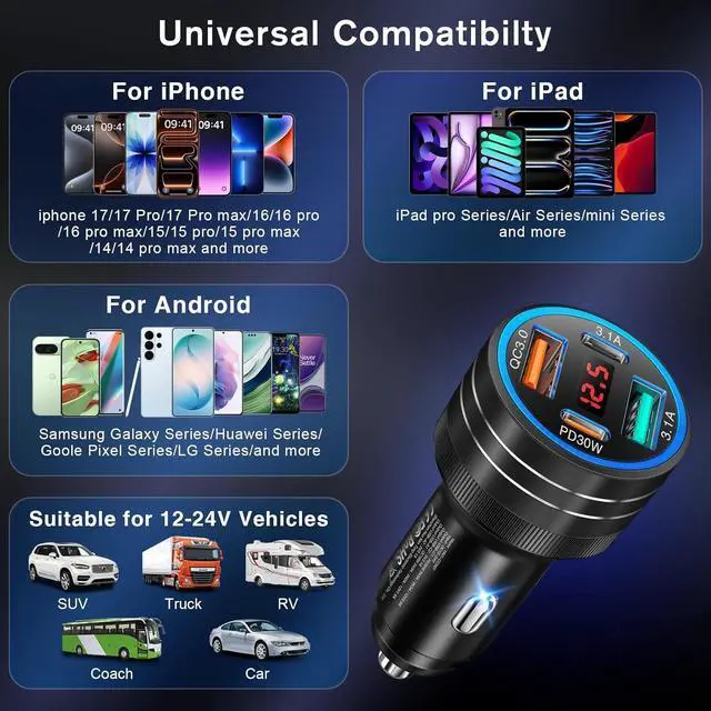 Alt view image 7 of 7 - 3Pack USB C Car Charger 65W 4-Port Cigarette Lighter USB Charger with Voltage Display 12-24V Dual USB-C+USB-A Car Charger USB C Fast Charge Phone Accessories for iPhone 17 16 15 Pro Max Plus S25 S24