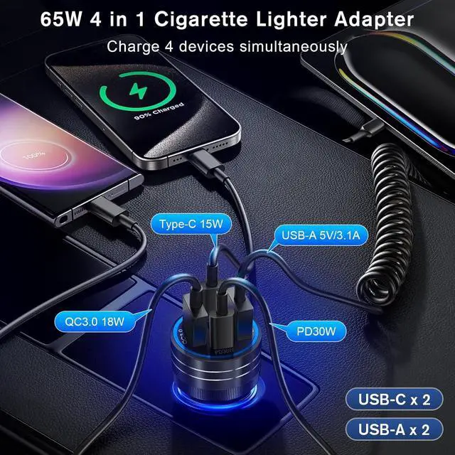 Alt view image 4 of 7 - 3Pack USB C Car Charger 65W 4-Port Cigarette Lighter USB Charger with Voltage Display 12-24V Dual USB-C+USB-A Car Charger USB C Fast Charge Phone Accessories for iPhone 17 16 15 Pro Max Plus S25 S24