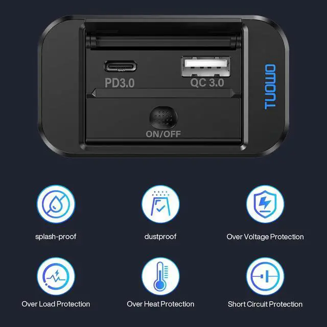 Alt view image 5 of 7 - USB Outlet Panel - 54W Fast Charging Type-C PD 36W + USB-A QC 3.0 18W 12V/24V Surface Mount for RV Marine Truck Bus Golf Cart