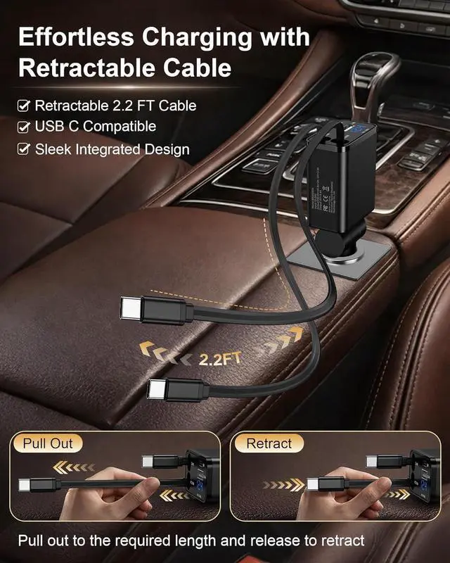 Alt view image 2 of 7 - Retractable Car Phone Charger for S26 S25 Android 4 in 1 Fast USB C | Car Charging Adapter With 2 Flexible USB C Cable USBC Cigarette Lighter Gift for Men Car Gadgets Electronics Accessories