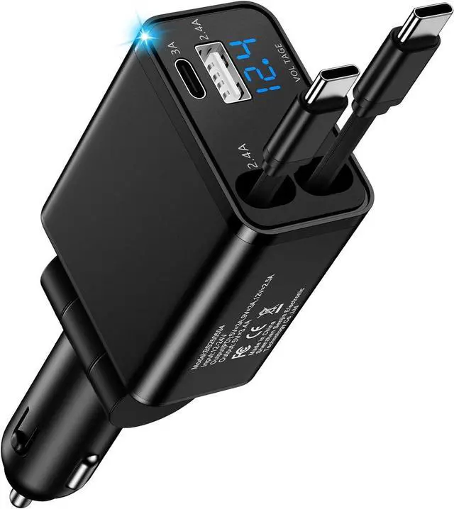 Main image of Retractable Car Phone Charger for S26 S25 Android 4 in 1 Fast USB C | Car Charging Adapter With 2 Flexible USB C Cable USBC Cigarette Lighter Gift for Men Car Gadgets Electronics Accessories