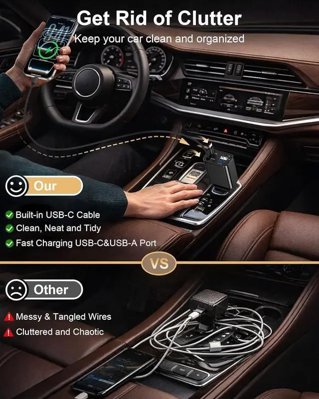 Alt view image 4 of 7 - Retractable Car Phone Charger for S26 S25 Android 4 in 1 Fast USB C | Car Charging Adapter With 2 Flexible USB C Cable USBC Cigarette Lighter Gift for Men Car Gadgets Electronics Accessories