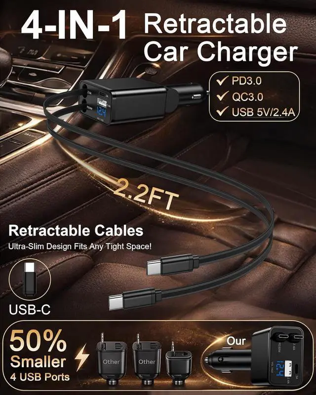 Alt view image 3 of 7 - Retractable Car Phone Charger for S26 S25 Android 4 in 1 Fast USB C | Car Charging Adapter With 2 Flexible USB C Cable USBC Cigarette Lighter Gift for Men Car Gadgets Electronics Accessories