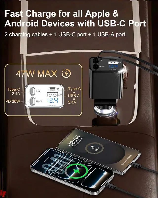 Alt view image 6 of 7 - Retractable Car Phone Charger for S26 S25 Android 4 in 1 Fast USB C | Car Charging Adapter With 2 Flexible USB C Cable USBC Cigarette Lighter Gift for Men Car Gadgets Electronics Accessories