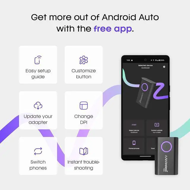 Alt view image 7 of 7 - Two Wireless Android Auto Adapter Convert Factory Wired Android Auto to Wireless Bluetooth & Wi-Fi Auto Connect Easy Plug & Play Multifunction Button Made in Europe