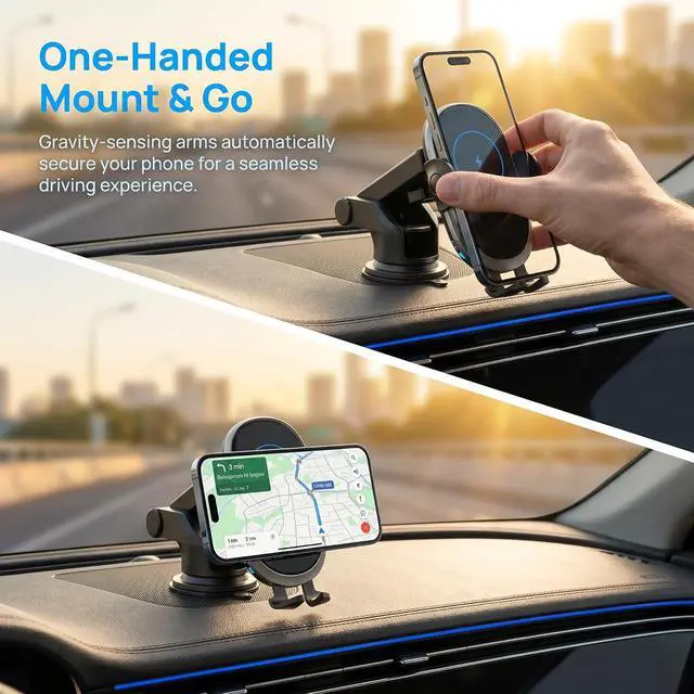Alt view image 2 of 7 - Auto Clamping Phone Mount | Intelligent Qi Wireless Charging Cradle for CarPlay & Android | Ultra Stable Heavy Duty Dash & Windshield Clip for Pixel & Cell Phones