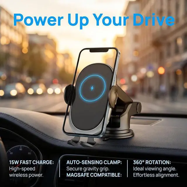 Alt view image 3 of 7 - Auto Clamping Phone Mount | Intelligent Qi Wireless Charging Cradle for CarPlay & Android | Ultra Stable Heavy Duty Dash & Windshield Clip for Pixel & Cell Phones