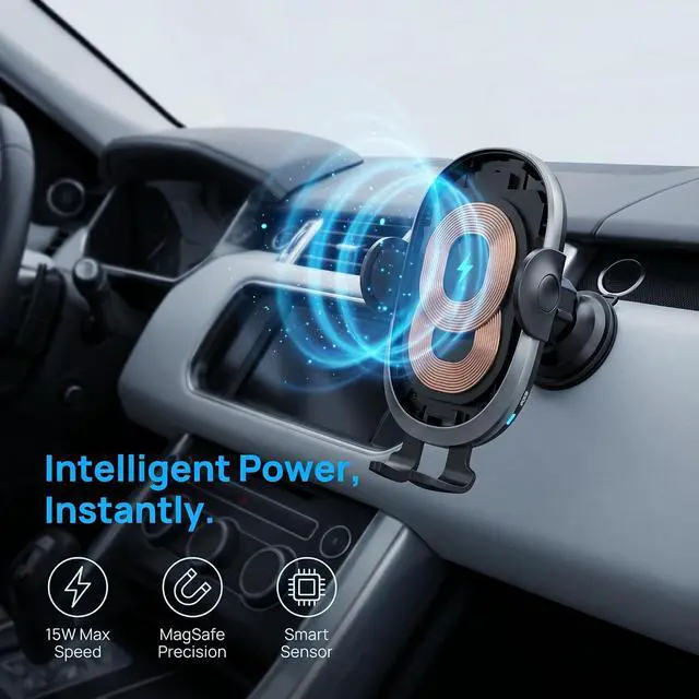 Alt view image 4 of 7 - Auto Clamping Phone Mount | Intelligent Qi Wireless Charging Cradle for CarPlay & Android | Ultra Stable Heavy Duty Dash & Windshield Clip for Pixel & Cell Phones
